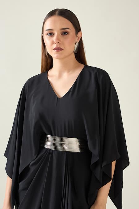 Buy Aakaar Black Modal V-neck Coral Solid Draped Dress With Metallic Belt Online at Aza Fashions Buy_Aakaar_Black Modal V-neck Coral Solid Draped Dress With Metallic Belt _Online_at_Aza_Fashions