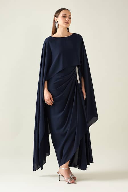 Aakaar_Blue Modal Boat Neck Alloy Solid Draped Asymmetric Dress _Online_at_Aza_Fashions