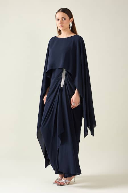 Buy_Aakaar_Blue Modal Boat Neck Alloy Solid Draped Asymmetric Dress _Online_at_Aza_Fashions