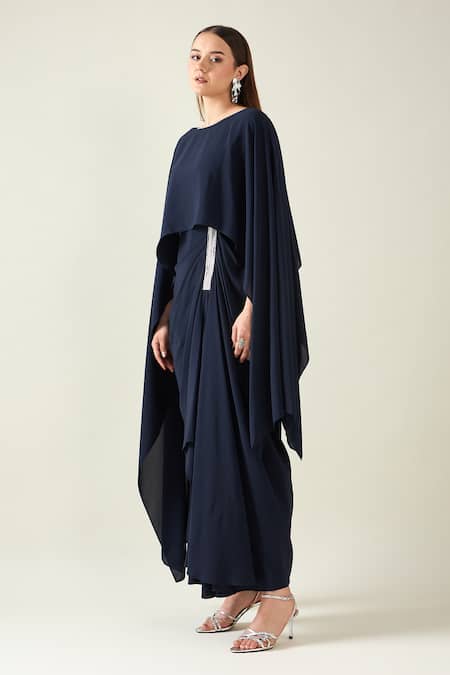 Shop_Aakaar_Blue Modal Boat Neck Alloy Solid Draped Asymmetric Dress _Online_at_Aza_Fashions