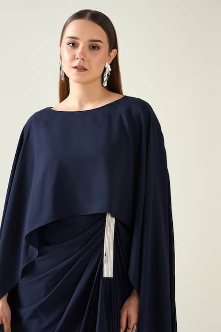 Aakaar_Blue Modal Boat Neck Alloy Solid Draped Asymmetric Dress _at_Aza_Fashions