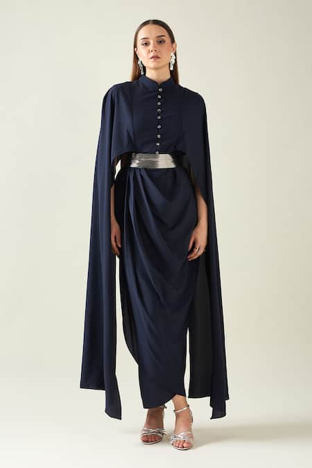 Aakaar Blue Moss Crepe Band Collar Solid Armour Draped Dress With Metallic Belt 