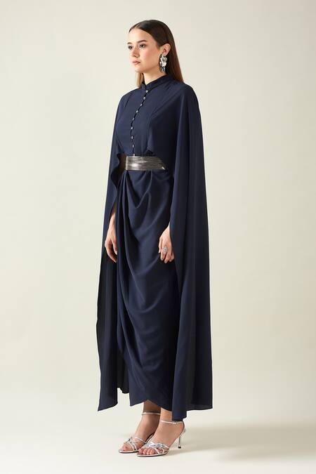 Aakaar_Blue Crepe Collared Solid Armour Draped Dress With Metallic Belt _Online_at_Aza_Fashions