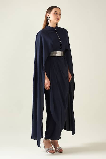 Buy_Aakaar_Blue Crepe Collared Solid Armour Draped Dress With Metallic Belt _Online_at_Aza_Fashions