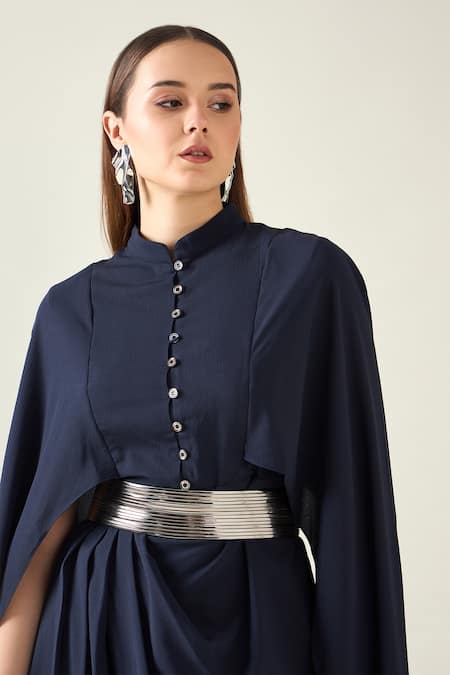 Shop_Aakaar_Blue Crepe Collared Solid Armour Draped Dress With Metallic Belt _Online_at_Aza_Fashions