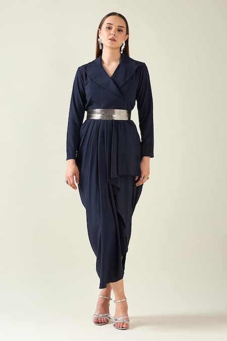 Aakaar Solid Notch Collar Draped Dress With Metallic Belt 