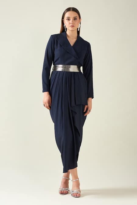 Aakaar_Blue Buckles Collared Solid Notch Draped Dress With Metallic Belt _Online_at_Aza_Fashions