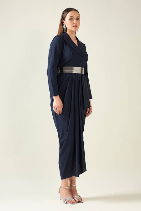 Shop_Aakaar_Blue Buckles Collared Solid Notch Draped Dress With Metallic Belt _Online_at_Aza_Fashions