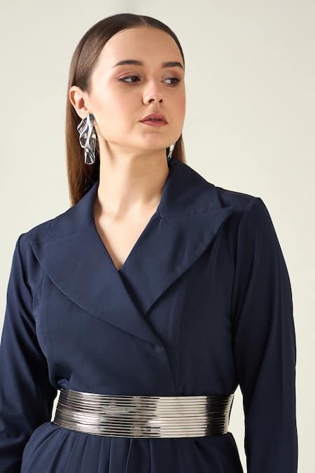 Aakaar_Blue Buckles Collared Solid Notch Draped Dress With Metallic Belt _at_Aza_Fashions
