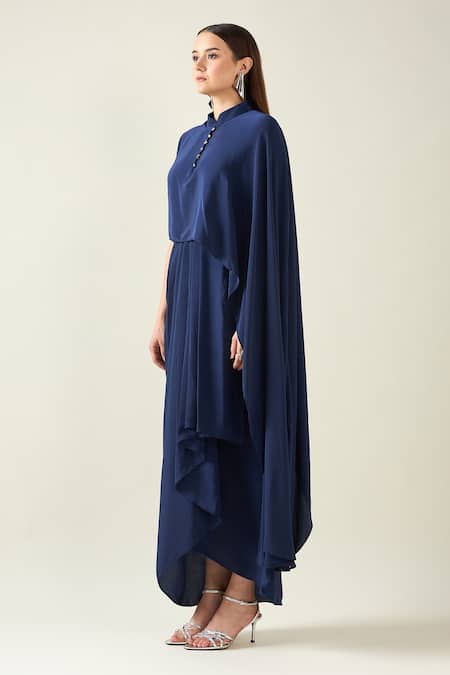 Aakaar_Blue Modal Bandeau Neck Water Fall Asymmetric Drape Dress _Online_at_Aza_Fashions