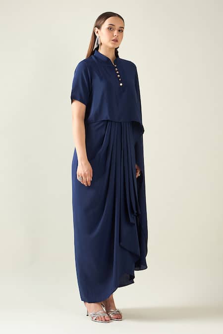 Buy_Aakaar_Blue Modal Bandeau Neck Water Fall Asymmetric Drape Dress _Online_at_Aza_Fashions