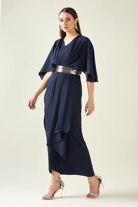 Aakaar Midnight Pleat Draped Dress With Metallic Belt 