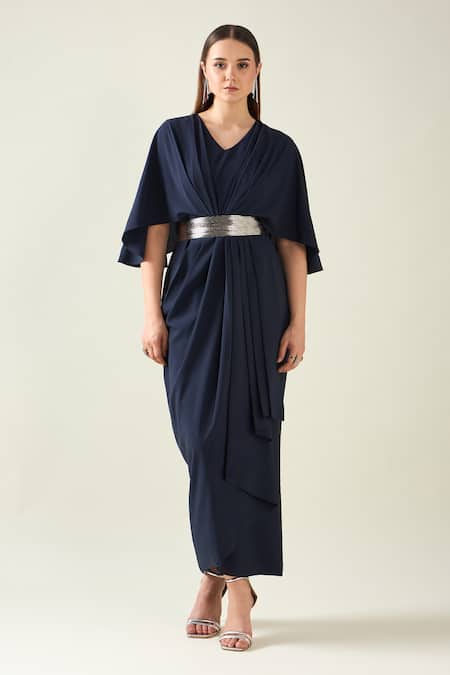Aakaar Blue Crepe Buckles V-neck Midnight Pleat Draped Dress With Metallic Belt Online at Aza Fashions Aakaar_Blue Crepe Buckles V-neck Midnight Pleat Draped Dress With Metallic Belt _Online_at_Aza_Fashions