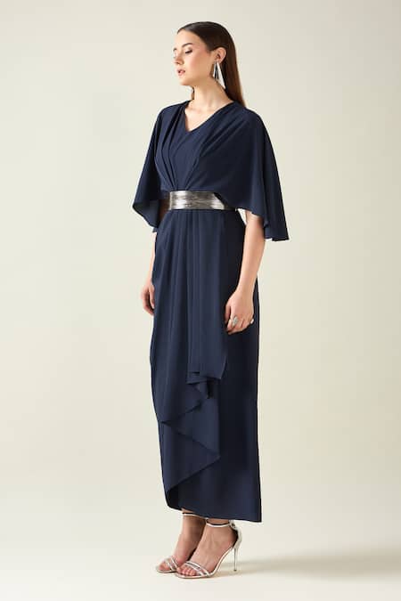 Buy Aakaar Blue Crepe Buckles V-neck Midnight Pleat Draped Dress With Metallic Belt Online at Aza Fashions Buy_Aakaar_Blue Crepe Buckles V-neck Midnight Pleat Draped Dress With Metallic Belt _Online_at_Aza_Fashions