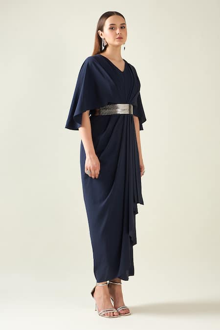 Shop Aakaar Blue Crepe Buckles V-neck Midnight Pleat Draped Dress With Metallic Belt Online at Aza Fashions Shop_Aakaar_Blue Crepe Buckles V-neck Midnight Pleat Draped Dress With Metallic Belt _Online_at_Aza_Fashions