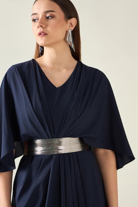 Aakaar Blue Crepe Buckles V-neck Midnight Pleat Draped Dress With Metallic Belt at Aza Fashions Aakaar_Blue Crepe Buckles V-neck Midnight Pleat Draped Dress With Metallic Belt _at_Aza_Fashions