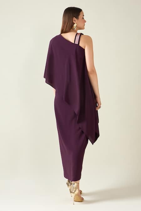 Shop_Aakaar_Purple Modal Metallic Thread, Applique Asymmetric Solid Alloy Draped Dress _at_Aza_Fashions