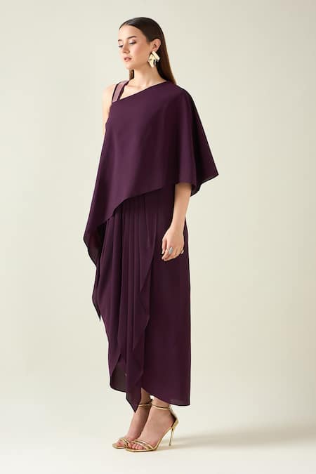 Aakaar_Purple Modal Metallic Thread, Applique Asymmetric Solid Alloy Draped Dress _Online_at_Aza_Fashions