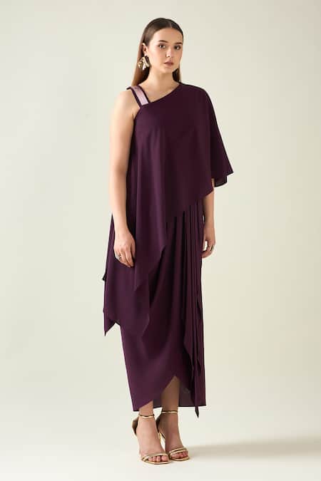 Buy_Aakaar_Purple Modal Metallic Thread, Applique Asymmetric Solid Alloy Draped Dress _Online_at_Aza_Fashions