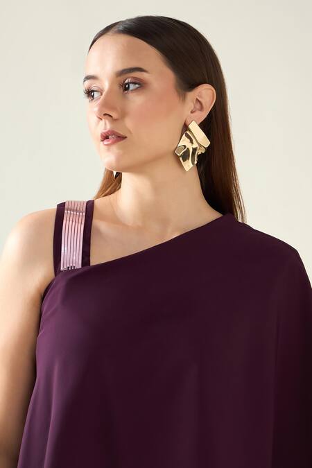 Shop_Aakaar_Purple Modal Metallic Thread, Applique Asymmetric Solid Alloy Draped Dress _Online_at_Aza_Fashions