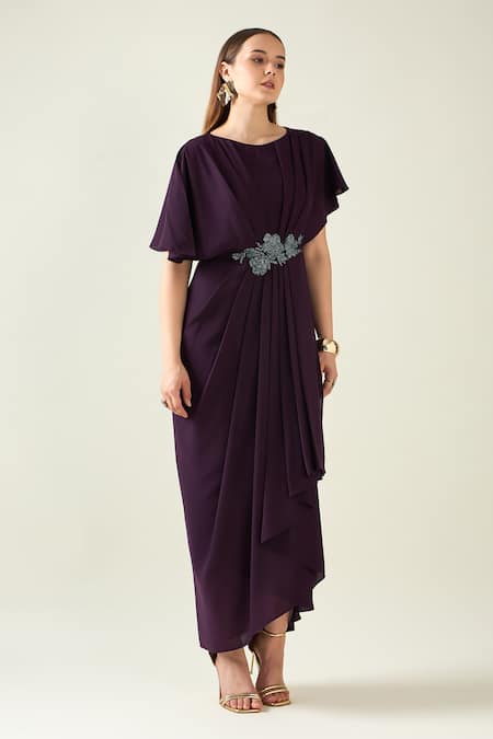 Aakaar_Purple Mohair, Crepe Crystals Boat Neck Embroidered Pleat Drape Dress _Online_at_Aza_Fashions