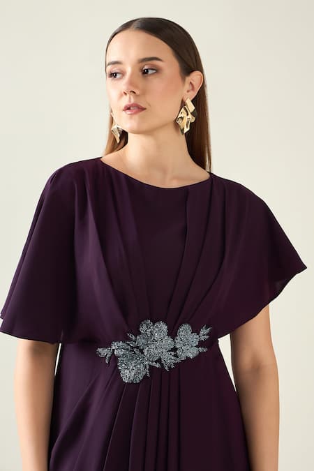 Buy_Aakaar_Purple Mohair, Crepe Crystals Boat Neck Embroidered Pleat Drape Dress _Online_at_Aza_Fashions