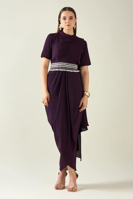 Aakaar Purple Moss Crepe Embroidery Pearls Solid Saree Style Draped Dress With Belt For Kids