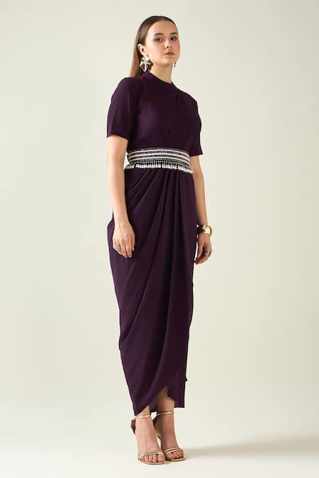 Aakaar_Purple Modal Pearls, Crystals, Solid Saree Style Draped Dress With Belt _Online_at_Aza_Fashions