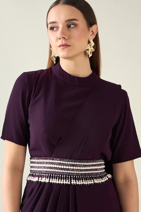 Buy_Aakaar_Purple Modal Pearls, Crystals, Solid Saree Style Draped Dress With Belt _Online_at_Aza_Fashions