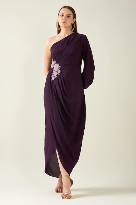 Aakaar Purple Moss Crepe Embroidery Floral One Shoulder Applique Dress 