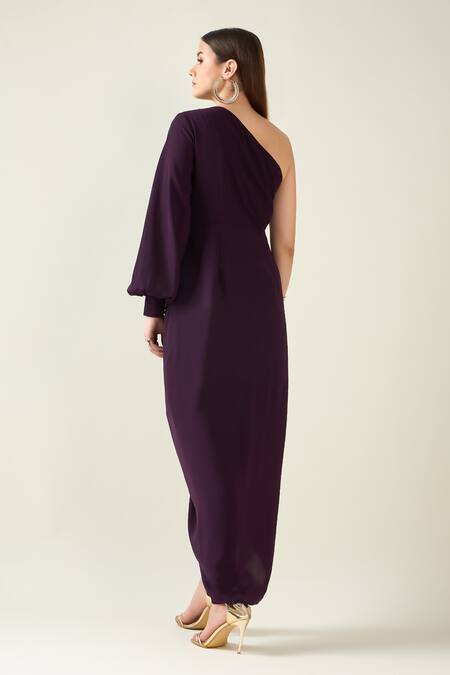 Shop Aakaar Purple Modal Embroidery One Shoulder Floral Applique Dress at Aza Fashions Shop_Aakaar_Purple Modal Embroidery One Shoulder Floral Applique Dress _at_Aza_Fashions