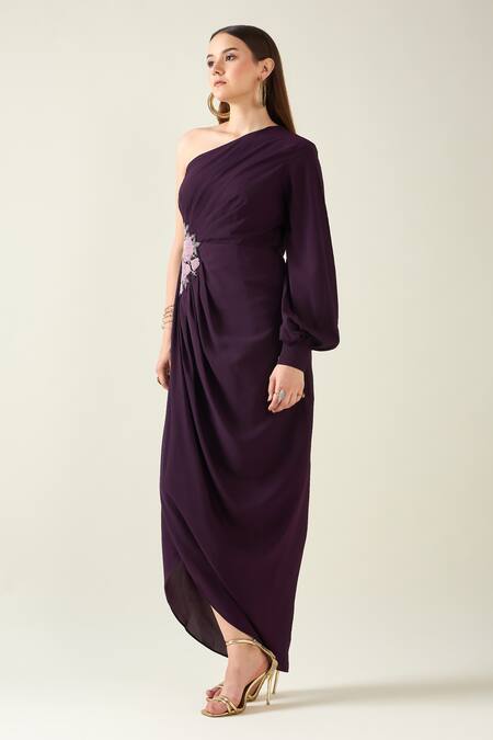 Aakaar Purple Modal Embroidery One Shoulder Floral Applique Dress Online at Aza Fashions Aakaar_Purple Modal Embroidery One Shoulder Floral Applique Dress _Online_at_Aza_Fashions