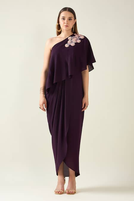 Aakaar Purple Moss Crepe Embroidery Floral One Shoulder Applique Woven Dress 