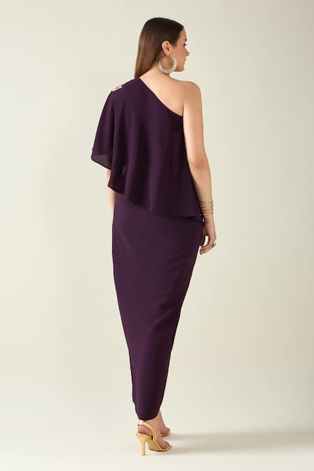 Shop Aakaar Purple Modal Embroidery One Shoulder Floral Applique Woven Dress at Aza Fashions Shop_Aakaar_Purple Modal Embroidery One Shoulder Floral Applique Woven Dress _at_Aza_Fashions