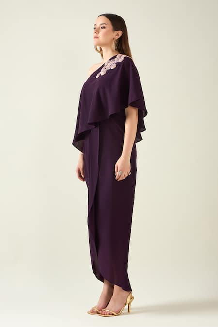 Aakaar Purple Modal Embroidery One Shoulder Floral Applique Woven Dress Online at Aza Fashions Aakaar_Purple Modal Embroidery One Shoulder Floral Applique Woven Dress _Online_at_Aza_Fashions