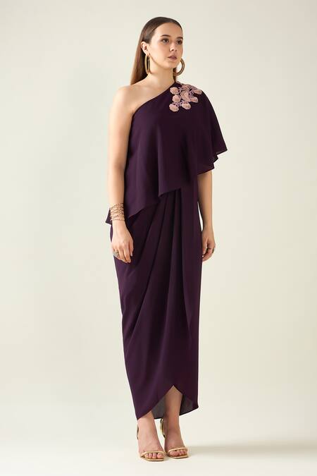 Buy Aakaar Purple Modal Embroidery One Shoulder Floral Applique Woven Dress Online at Aza Fashions Buy_Aakaar_Purple Modal Embroidery One Shoulder Floral Applique Woven Dress _Online_at_Aza_Fashions
