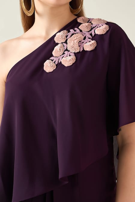 Shop Aakaar Purple Modal Embroidery One Shoulder Floral Applique Woven Dress Online at Aza Fashions Shop_Aakaar_Purple Modal Embroidery One Shoulder Floral Applique Woven Dress _Online_at_Aza_Fashions