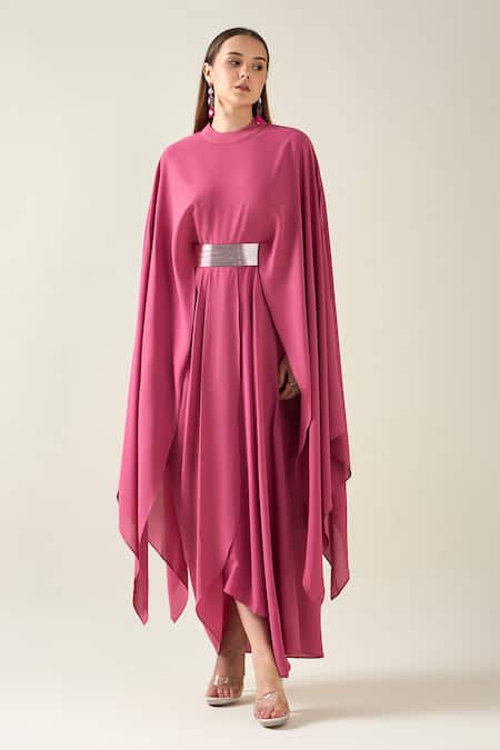 Aakaar Pink Moss Crepe Alloy Cape Style Draped Dress With Metallic Belt For Kids