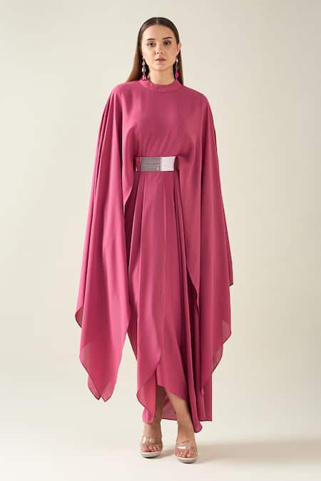 Aakaar_Pink Modal Collared Alloy Cape Style Draped Dress With Metallic Belt _Online_at_Aza_Fashions