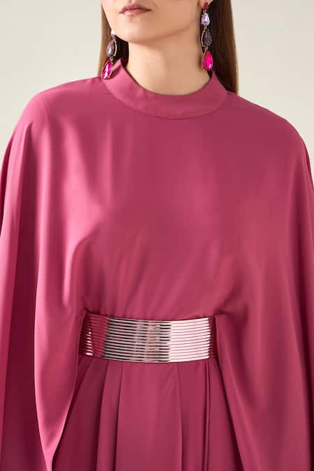 Buy_Aakaar_Pink Modal Collared Alloy Cape Style Draped Dress With Metallic Belt _Online_at_Aza_Fashions