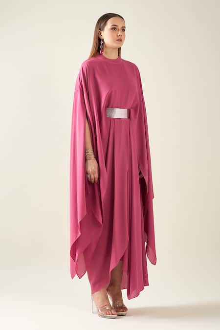 Shop_Aakaar_Pink Modal Collared Alloy Cape Style Draped Dress With Metallic Belt _Online_at_Aza_Fashions