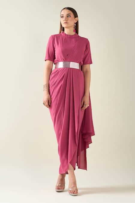 Aakaar Solid Saree Style Draped Dress With Metallic Belt 