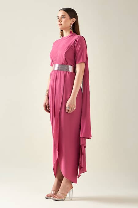 Aakaar_Pink Buckles Collared Solid Saree Style Draped Dress With Metallic Belt _Online_at_Aza_Fashions