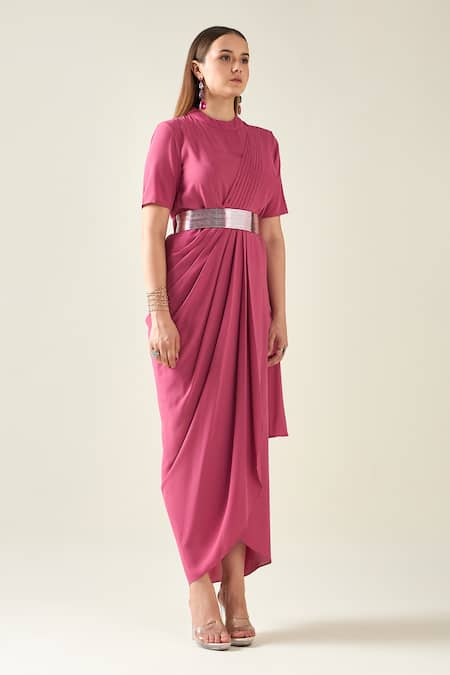 Buy_Aakaar_Pink Buckles Collared Solid Saree Style Draped Dress With Metallic Belt _Online_at_Aza_Fashions