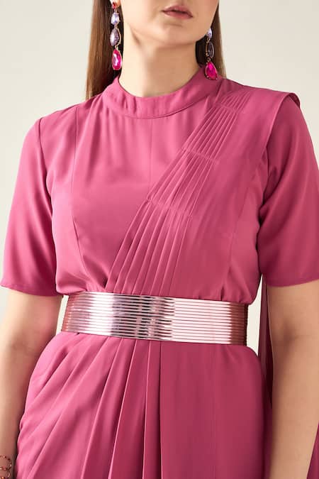 Shop_Aakaar_Pink Buckles Collared Solid Saree Style Draped Dress With Metallic Belt _Online_at_Aza_Fashions