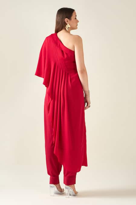 Shop Aakaar Red Modal Lace One Pintuck Embroidered Asymmetric Tunic With Draped Pant at Aza Fashions Shop_Aakaar_Red Modal Lace One Pintuck Embroidered Asymmetric Tunic With Draped Pant _at_Aza_Fashions