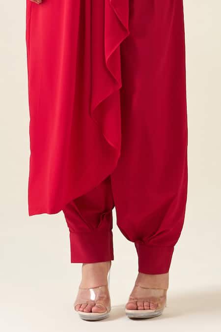 Aakaar Red Modal Lace One Pintuck Embroidered Asymmetric Tunic With Draped Pant Online at Aza Fashions Aakaar_Red Modal Lace One Pintuck Embroidered Asymmetric Tunic With Draped Pant _Online_at_Aza_Fashions