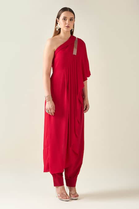 Shop Aakaar Red Modal Lace One Pintuck Embroidered Asymmetric Tunic With Draped Pant Online at Aza Fashions Shop_Aakaar_Red Modal Lace One Pintuck Embroidered Asymmetric Tunic With Draped Pant _Online_at_Aza_Fashions