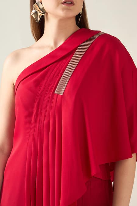 Aakaar Red Modal Lace One Pintuck Embroidered Asymmetric Tunic With Draped Pant at Aza Fashions Aakaar_Red Modal Lace One Pintuck Embroidered Asymmetric Tunic With Draped Pant _at_Aza_Fashions