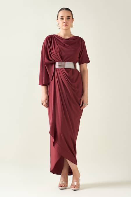 Aakaar Cowl Neck Draped Dress With Metallic Belt 